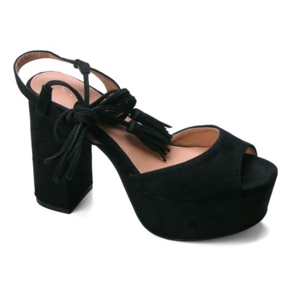 Suede Ankle Wrap Lace Up Tassel Platforms Heels - Picture 2 of 2